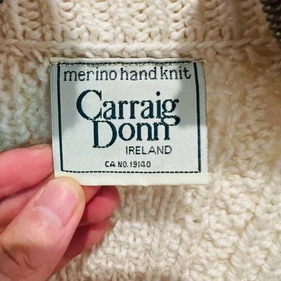 Carraig Donn Zip Up Sweater Cream Aran Cable Knit Fisherman Wool Ireland Heavy - Picture 5 of 16